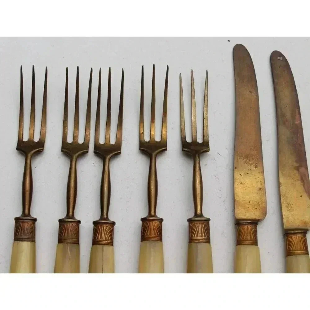 Antique 1800s Victorian Bone Fork & Knife Set Utensils Silverware